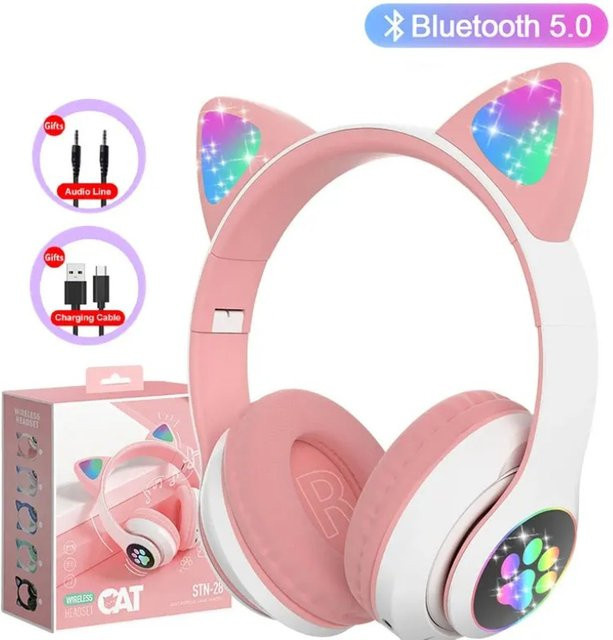 VIKEFON Bluetooth 5.0 Stereo-Kopfhörer für Kinder mit Katzenohren-Design, Mikrofon und Blitzlicht, kabellos mit TF-Kartenslot, Farben: Schwarz und Pink - Bild 1