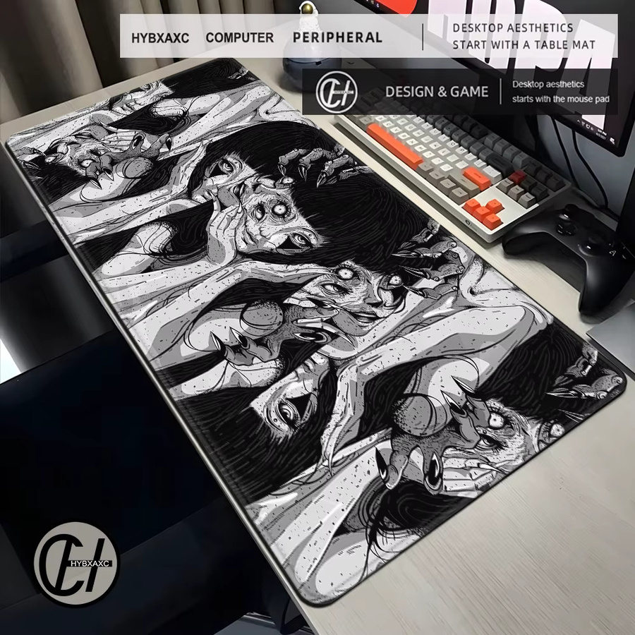 HYBXAXC Mauspad Junji Ito Collage Horror Anime Design in Schwarz-Weiß - Bild 3