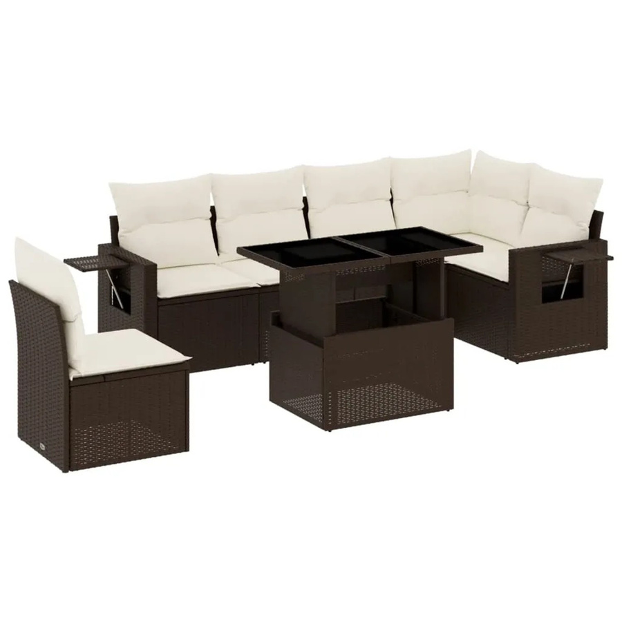 vidaXL 7-tlg Garten-Sofagarnitur in L-Form aus braunem Poly-Rattan mit UV-beständigen Kissen und Metallrahmen - Bild 2
