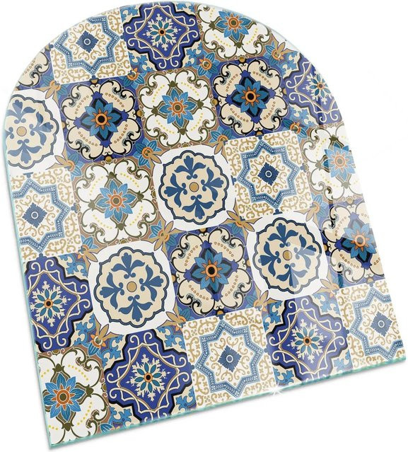 Tulup Kamin Glasplatte aus Glas mit Mosaikmuster und Blumen in Blau, Halbkreis, B: 80 cm, H: 70 cm - Bild 1