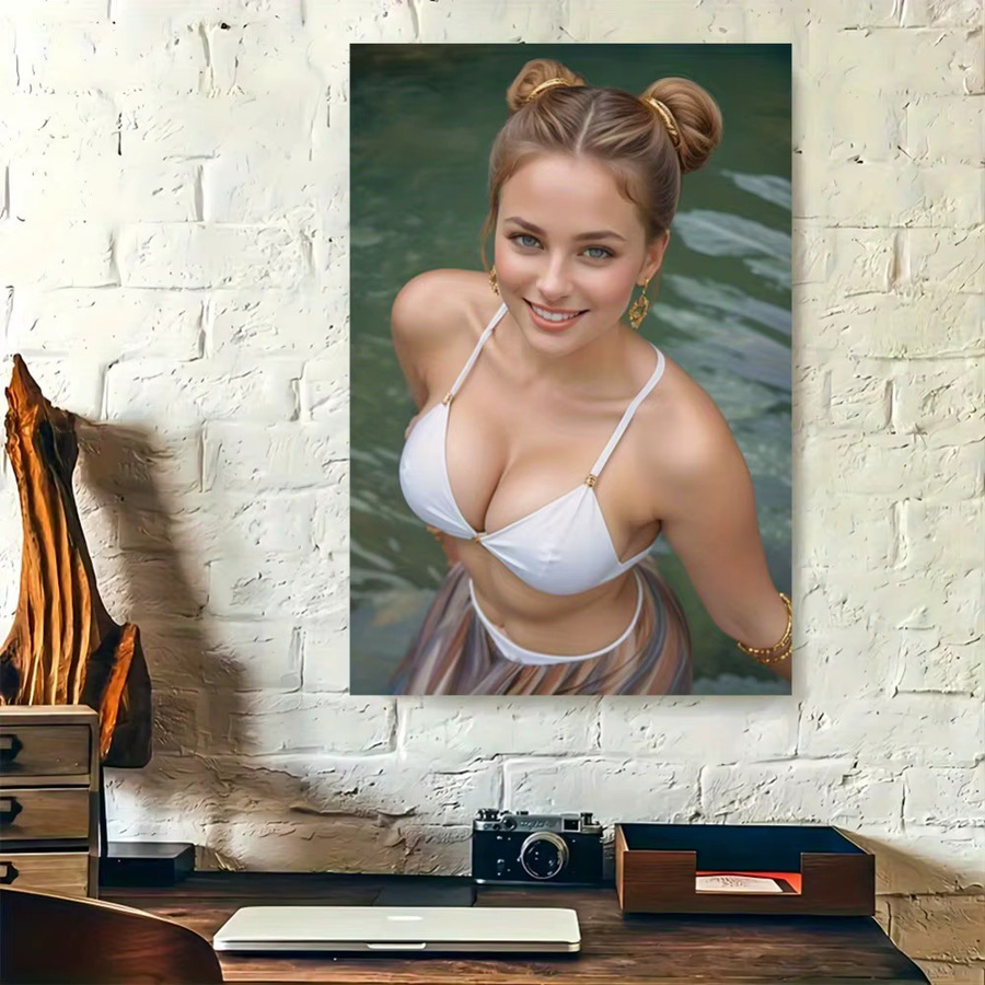 HELLOYOUNG Retro-Wandkunst Leinwandposter mit Porträt einer Dame im weißen Bikini in Gold und Weiß - Bild 2