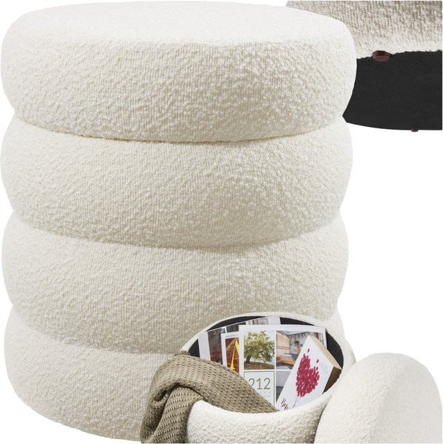 tectake Sitzhocker mit Stauraum rund gepolstert Bouclé Weiß B/T/H: 42 x 42 x 47 cm - Bild 1