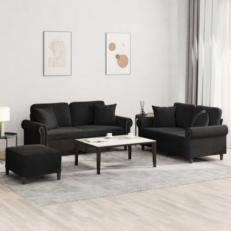 Vidaxl 3-tlg. Sofagarnitur aus Samt und Polyester in Schwarz mit Metallgestell - Bild 1