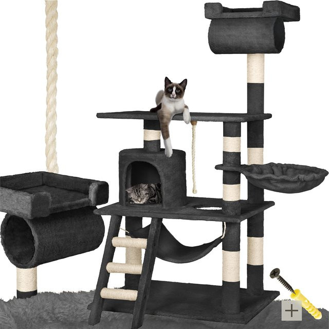 tectake Kratzbaum Stokeley Schwarz mit Katzenhaus und Spielzeug, H x B x T: 141 x 86 x 49 cm - Bild 1