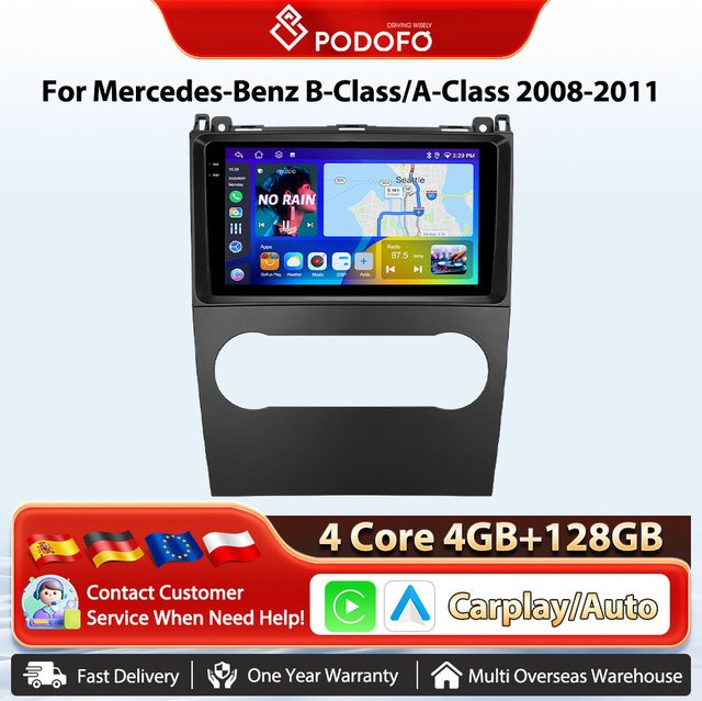 Podofo 8-Kern Auto-Autoradio für Mercedes-Benz B-Klasse und A-Klasse 2008–2011 mit kabellosem CarPlay, Android Auto, WIFI und GPS in Schwarz - Bild 1