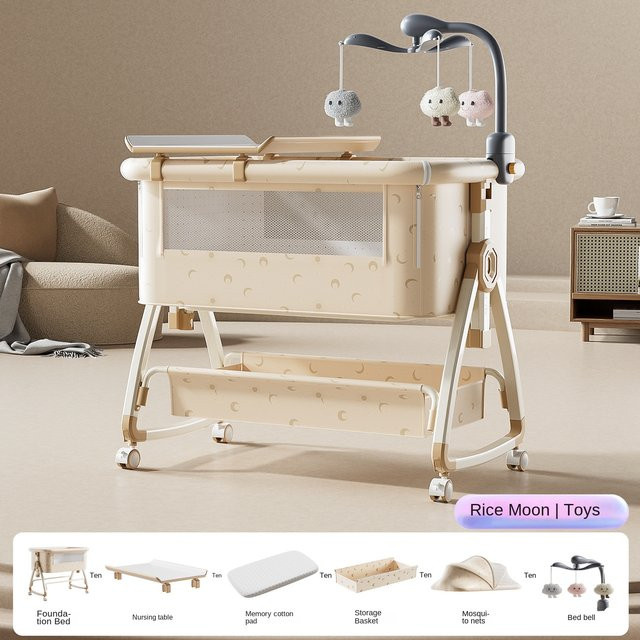 Multifunktionales 2-in-1 Babybett mit tragbarer Wiege und Wickeltisch in Beige inklusive Spielzeugmatratze - Bild 1
