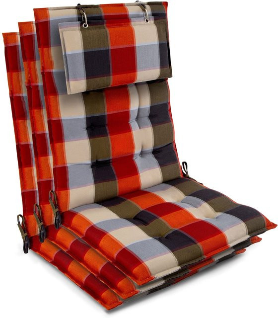 Beautissu 3er Set Sun-HL Hochlehner Auflagen aus Polyester, Orange-Beige-Kariert, B: 120 cm, T: 50 cm, H: 8 cm - Bild 1