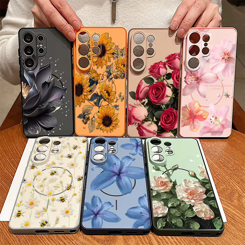 Magnetische Handyhülle mit rosa Blumenmuster für Samsung Galaxy S26 S25 S24 S23 Ultra FE A55 A36 A16 Hartschalen-Cover in Pink und Orange - Bild 4