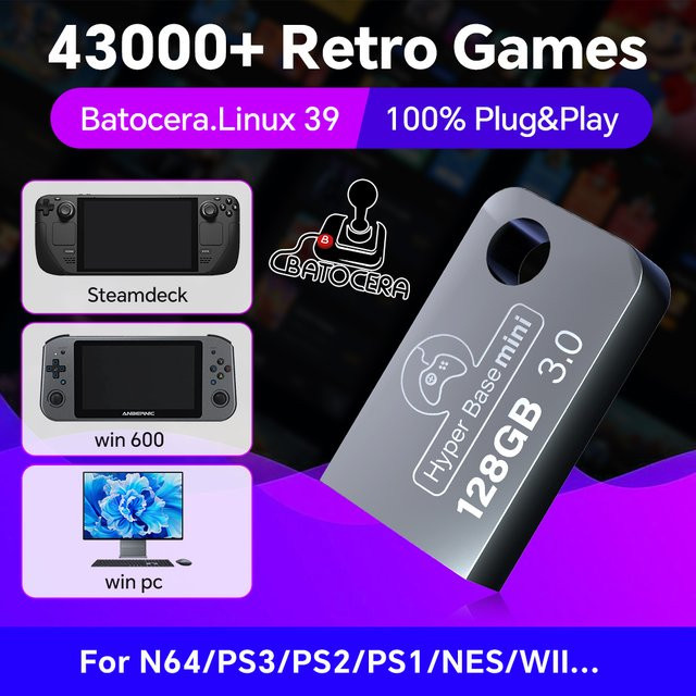 JMachen Batocera USB-Stick mit 128 GB für Retro-Spiele auf Windows, PC und Handheld-Konsolen (PS3, PS2, PS1, N64, WII) - Bild 1