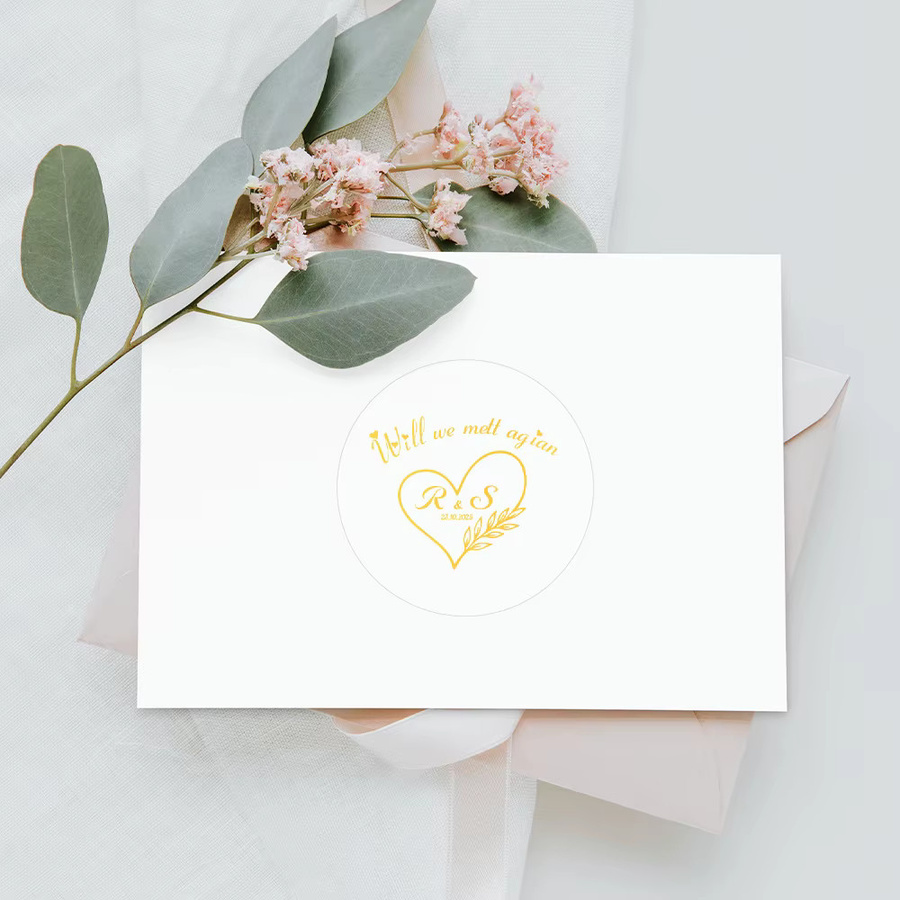 Personalisierte Hochzeitsaufkleber mit Goldfolie und individuellen Namen oder Initialen, transparente Siegelaufkleber für Hochzeitseinladungen, Gold und Transparent - Bild 3