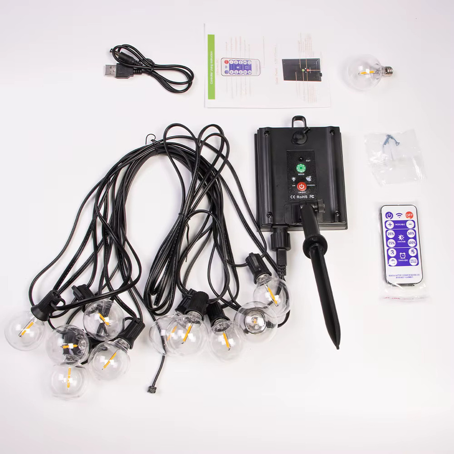Solar-Lichterkette für den Außenbereich mit 30 LED G40 Kugelleuchten aus Glas, 12 m Länge, wasserdicht und solar- sowie USB-betrieben, transparent - Bild 6