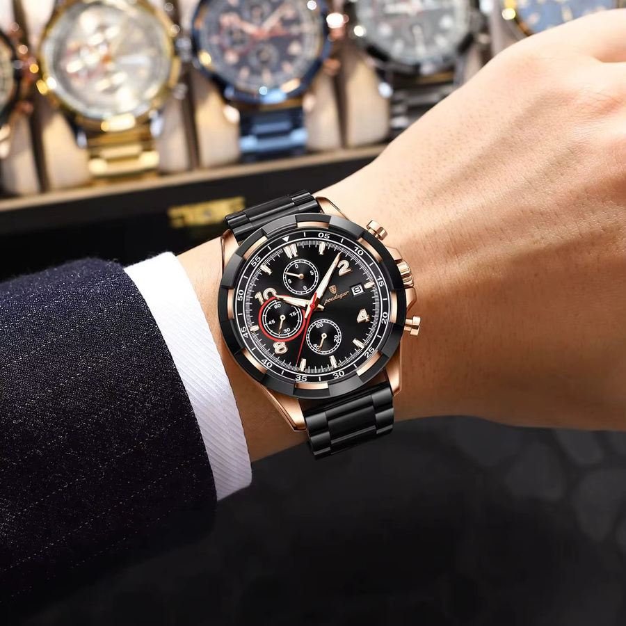 POEDAGAR Armbanduhr Chronograph, Quarz, Edelstahl, Schwarz, Herren - Bild 6