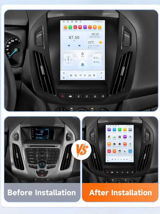 OSSURET Android 14 Autoradio mit 9,7 Zoll Vertikalbildschirm für FORD Transit / Tourneo Connect 2013-2018, Multimedia-GPS-Player mit Wireless Carplay, Android Auto, 4G, Bluetooth und 360-Grad-Kamera, Schwarz - Bild 6