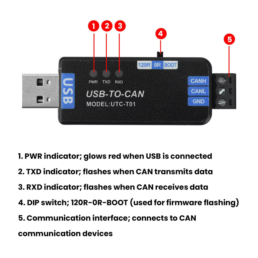 Diymore USB-zu-CAN-Adapter in Schwarz als Industriequalität Signalkonverter und Analysator mit PCAN-Firmware - Bild 3