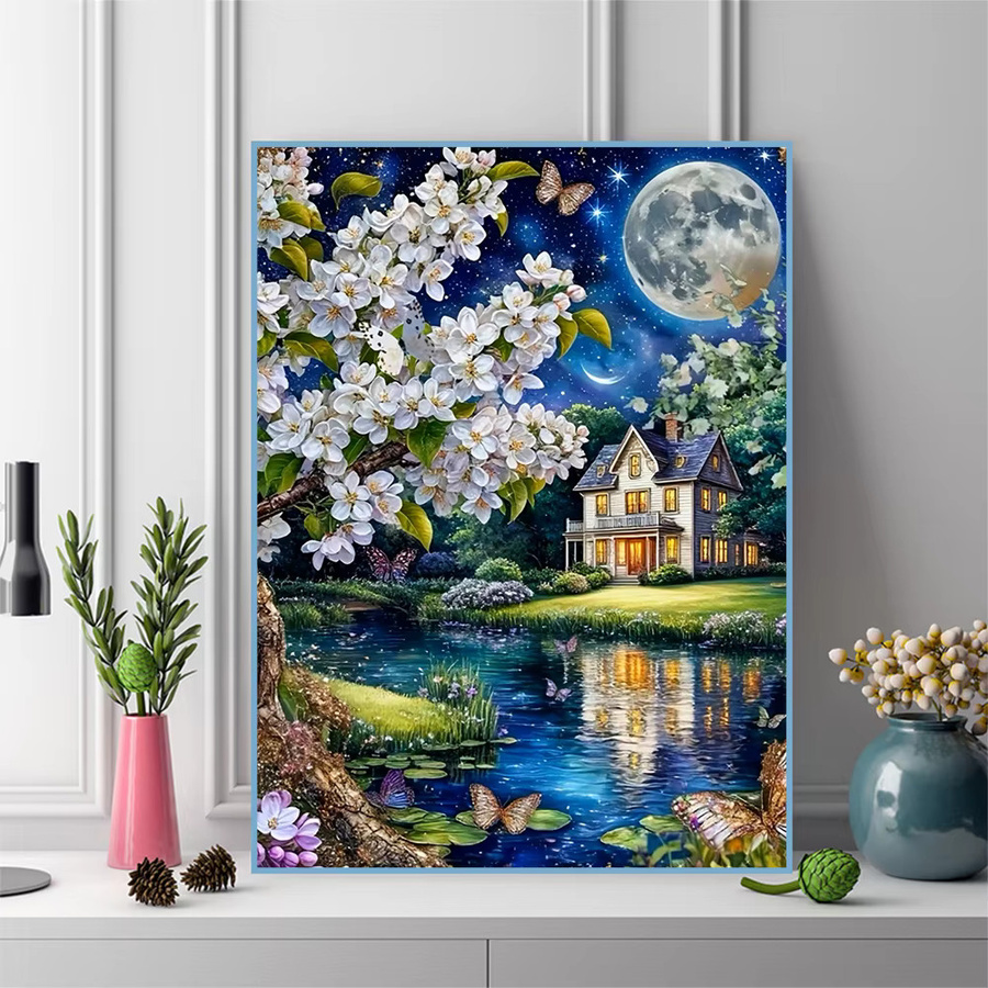 EverShine Diamantmalerei Nachtlandschaft mit Haus und Mond, 5D Mosaik-Stickerei in Multicolour, B/H: 30 x 30 cm - Bild 3