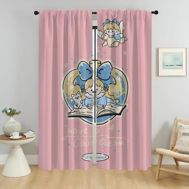 Niedliche Mädchen Vorhänge für das Kinderzimmer mit Tier-Motiven, halbtransparentes Tüll-Dekorationsset in Pink, B: 50 cm, H: 70 cm, 2 Stück - Bild 1