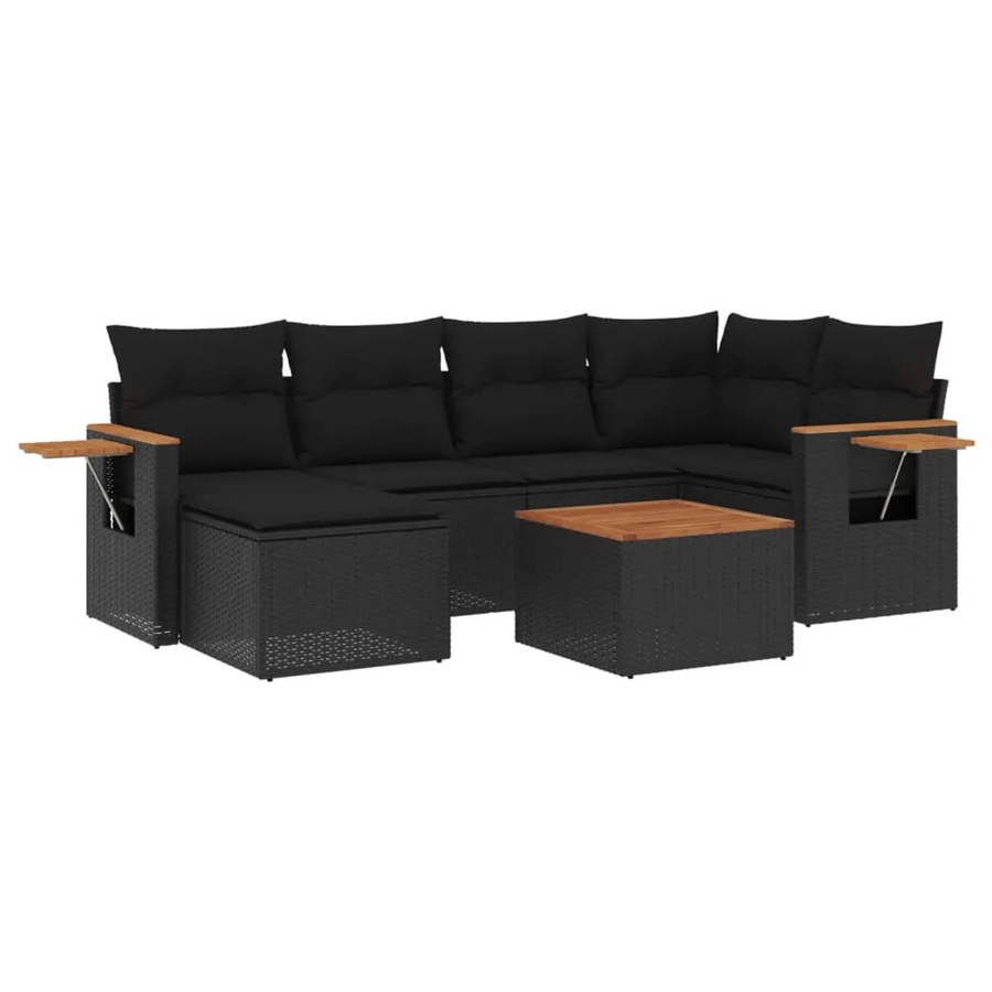 vidaXL 7-tlg Garten-Sofagarnitur in L-Form aus Polyrattan und Akazienholz mit Kissen in Schwarz - Bild 2