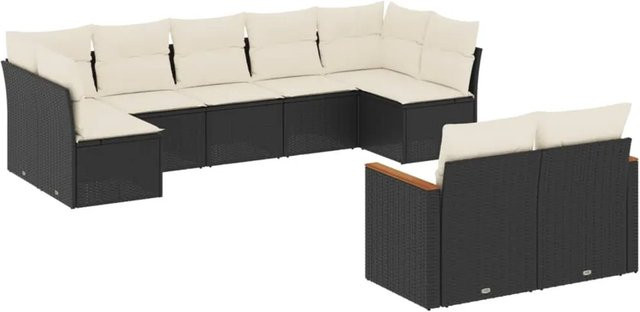 vidaXL 9-teilige Garten-Sofagarnitur in L-Form aus Poly-Rattan und Akazienholz mit Kissen in Schwarz - Bild 1