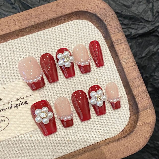 YADORNOS Kunstnägel, rot, 3D-Perlen-Blumen-Design, glänzend, Kinder - Bild 1