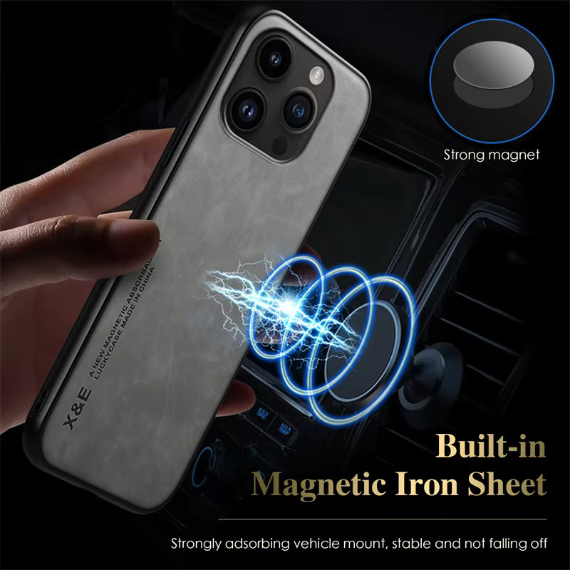 Nephy Lederhülle für iPhone 15 14 16 17 Pro Max Plus mit Metallplatte für die Autohalterung in Grau - Bild 3