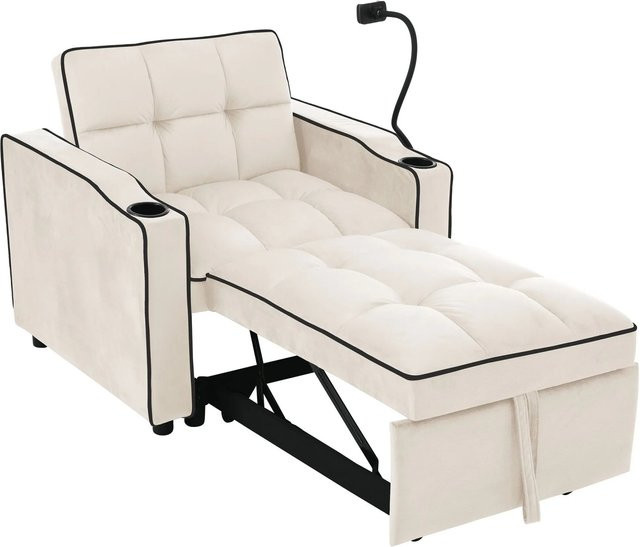 Merax 3in1 Schlafsessel als Sessel und Bett in Beige und Weiß mit Metallrahmen und Polsterung, B/T/H: 83 x 167 x 76 cm - Bild 1
