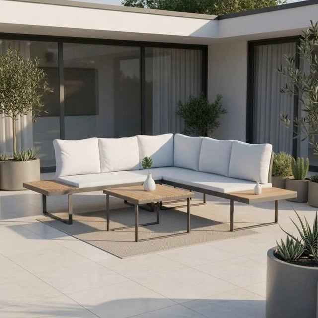 Bessagi Garden Loungegarnitur Elia in L-Form mit Couchtisch, Hellgrau, aus Akazienholz und Metall mit Outdoorstoff und Kissen - Bild 1