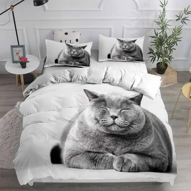 JMG Household Supplies Bettwäsche-Set mit Katzen-Cartoon-Motiv aus Mikrofaser, Weiß, B/H: 135 x 200 cm - Bild 1