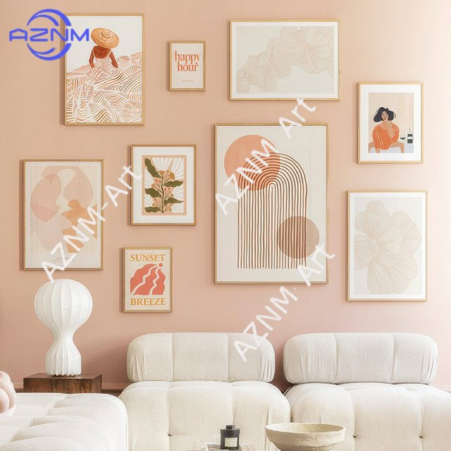 KAYOU Abstrakte Wandkunst Marokkanische Frau mit Wein in Pfirsich und Multicolour als Leinwandbild oder Posterdruck im Boho-Stil - Bild 1