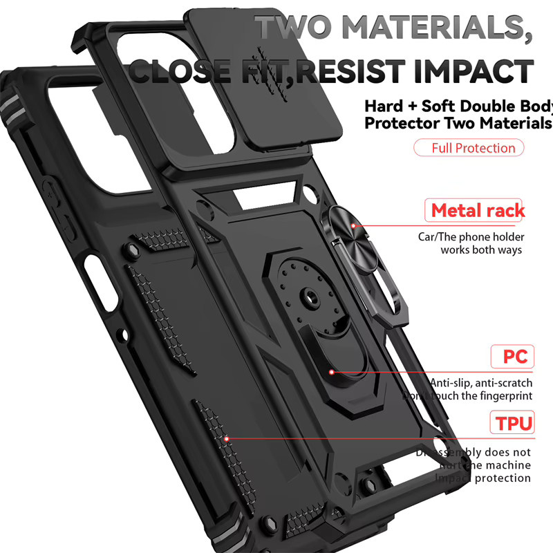 Robuste Schutzhülle mit Rüstungsring und Schiebeobjektiv-Schutz für Motorola G Power, G Play, Edge G 5G und Stylus 5G in Schwarz und Silber - Bild 3