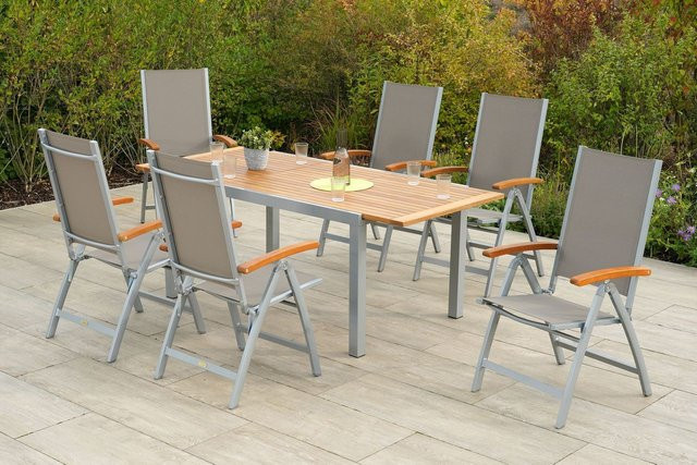 7-tlg. MERXX Gartenmöbelset Naxos aus Aluminium, Akazie und Textil in Grau/Silber, ausziehbar und klappbar, Höhe: 90 cm, Breite: 90 cm, Tiefe: 75 cm - Bild 1