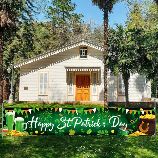 VIKAMA St. Patrick's Day Banner Wandteppich mit irischer Goldkanne in Gold und Grün für Außenbereich und Gartenparty, B: 150 cm, H: 40 cm - Bild 1