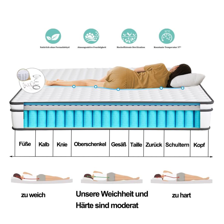 Rosahqnda Taschenfederkernmatratze mit mittelfestem Memory-Schaum und atmungsaktivem 3D-Stoff in Weiß, B/T/H: 200 x 180 x 25 cm - Bild 3