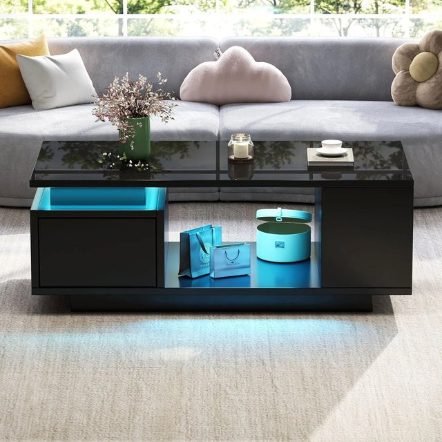 Merax Hochglanz Couchtisch mit LED Schublade und Ablagefächern in Schwarz, B/T/H: 100 x 50 x 36 cm - Bild 1