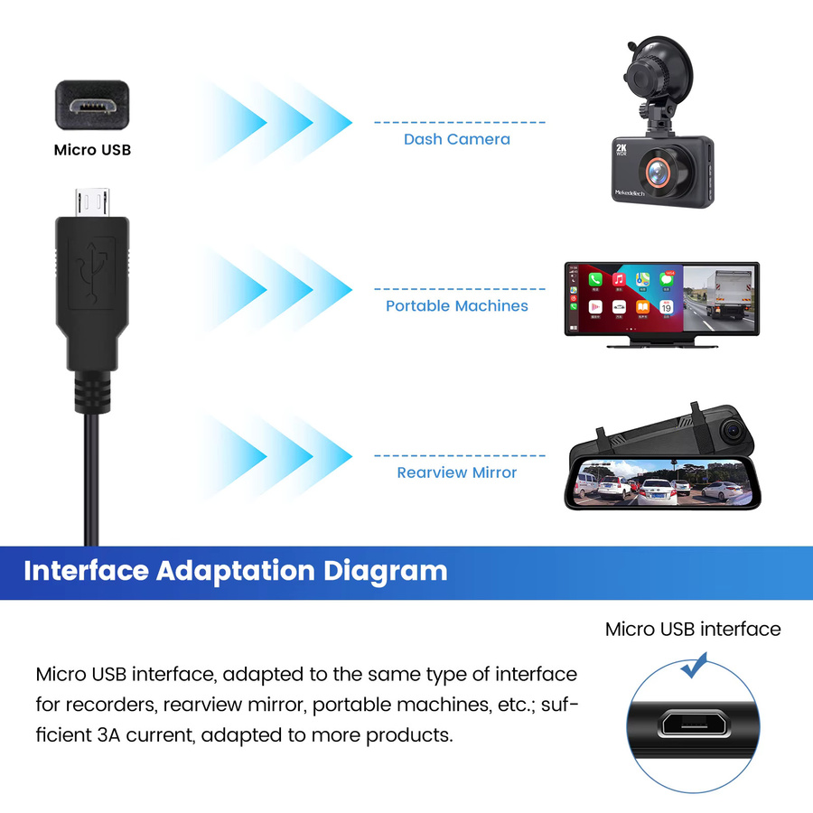AUTOSHARK Universal Auto Dash Cam Hardwire Kit mit 3,5 m Kabel für Micro USB und USB-C, Schwarz - Bild 2