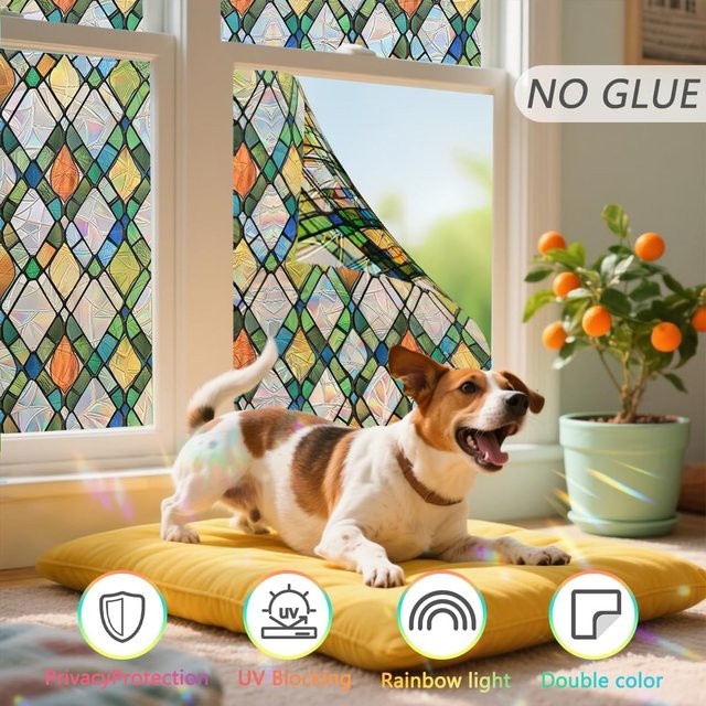 WXSHSH Gitter-Buntglas-Fensterfolie in Regenbogenfarben, statisch haftende dekorative Fensterfolie mit geometrischem Design für Privatsphäre an Fenstern und Türen - Bild 1