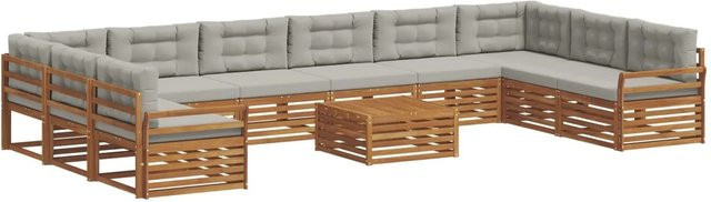 vidaXL Sofagarnitur 11-teilig aus Massivholz Akazie in Natur und Hellgrau mit U-Form und Polsterkissen - Bild 1