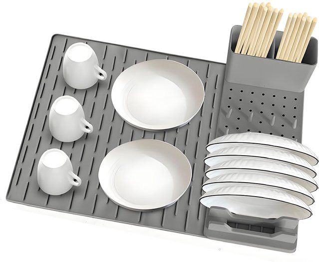 2er-Pack PGY Spülbecken-Geschirrständer-Set aus Silikon mit Trockenmatte und Besteckhalter, Farben: Weiß und Grau - Bild 1