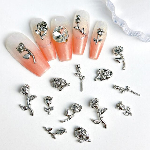 20 Stück Rose Blumen Nagel Charms, Metalllegierung, Silber, Nail Art Zubehör - Bild 1