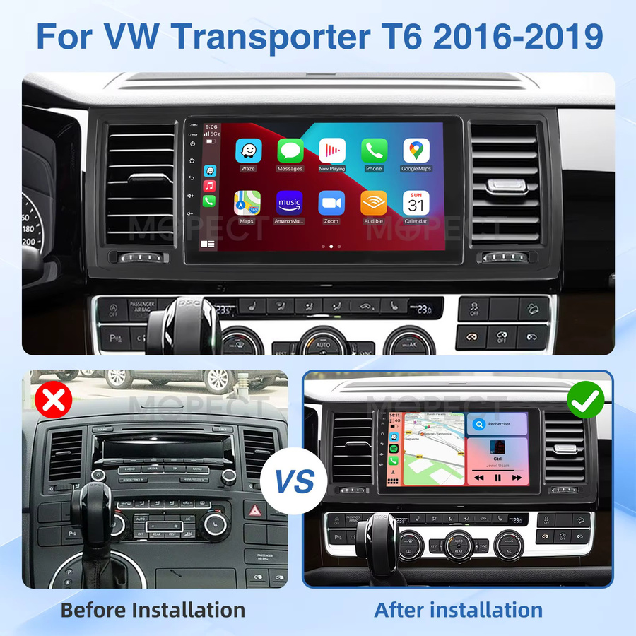 MOPECT 9-Zoll Android 15 Autoradio für VW Transporter T6 2016-2019 mit Carplay, 4G+64G, GPS, Bluetooth, DAB und DVR in Schwarz - Bild 2