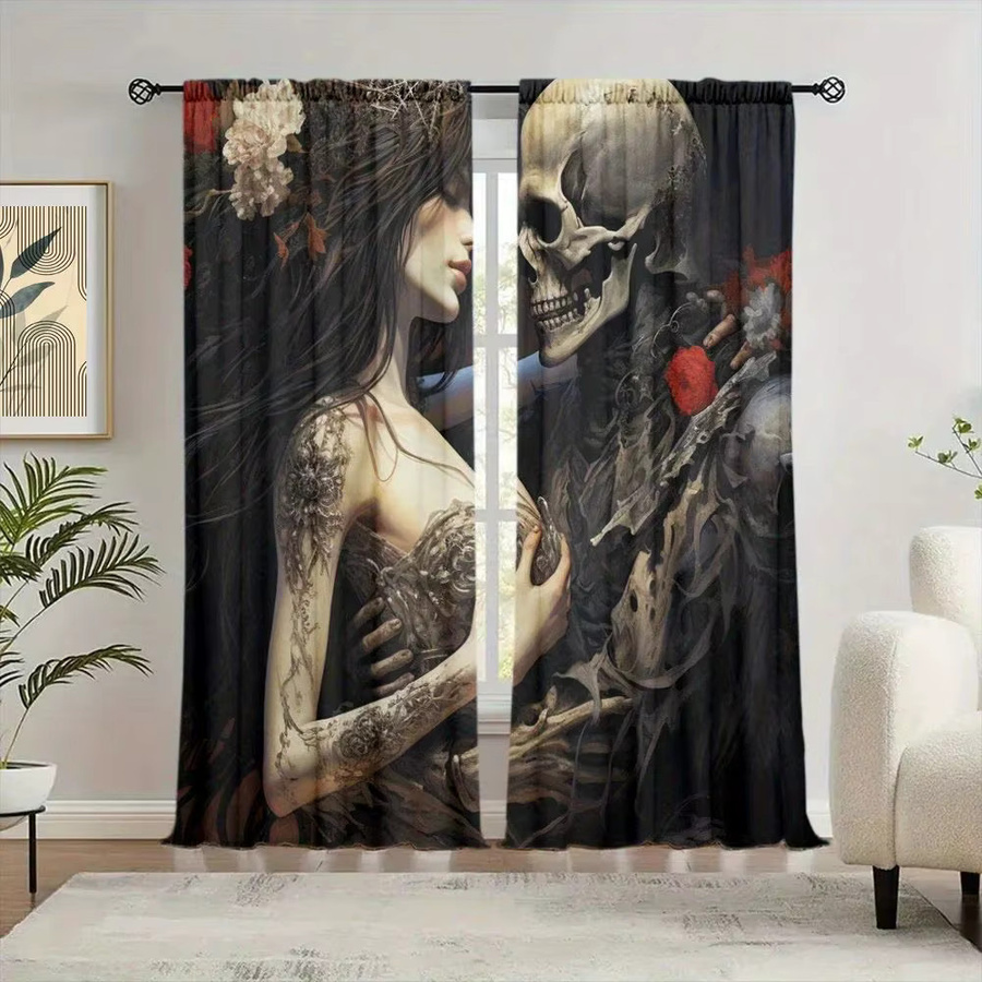 VIKAMA Gothic Rose Skull Vorhänge im Dark-Style, Schwarz, halbtransparent mit Ösen - Bild 3