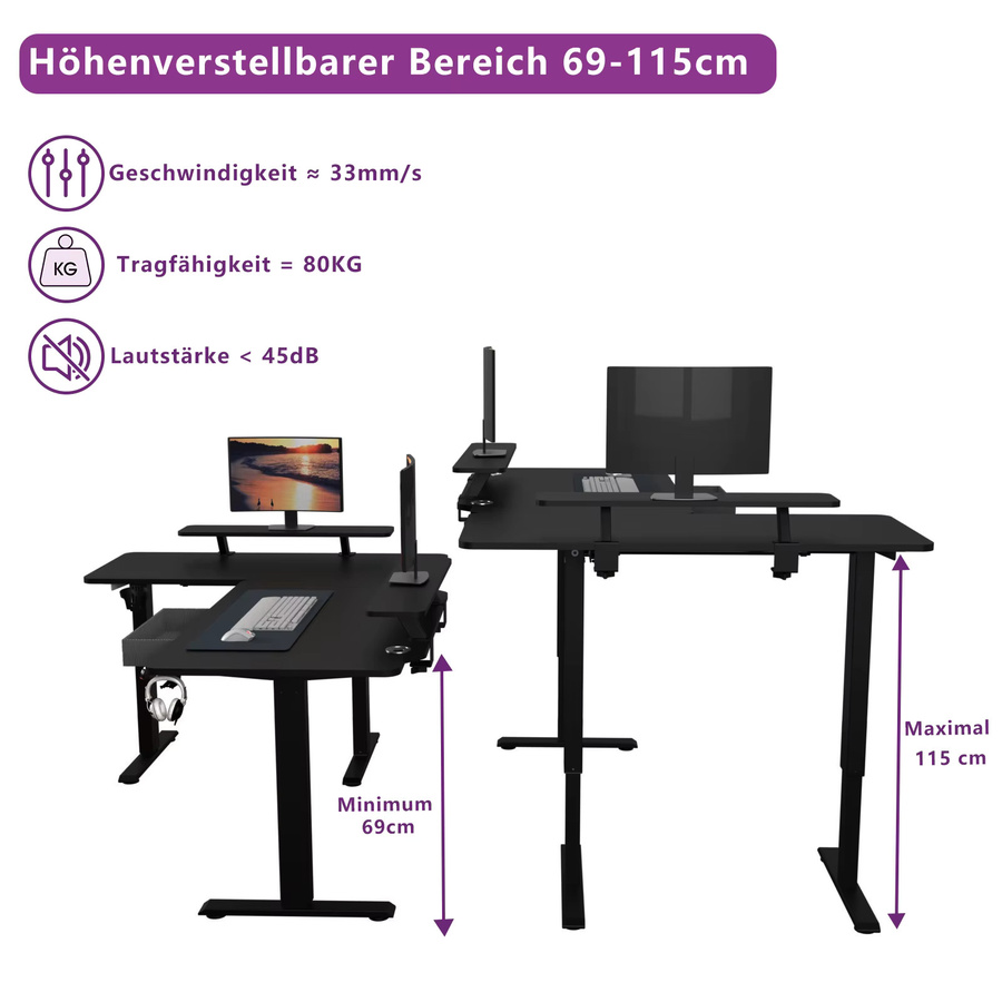 Radlove Elektrisch Höhenverstellbarer L-Schreibtisch in Schwarz, Eckschreibtisch für Home-Office, Breite: 160 cm - Bild 3