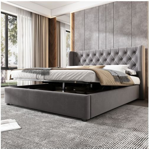 MUVOE Gepolstertes Bett im Chesterfield-Design mit integriertem Stauraum aus Samtstoff, Grau, B/T: 140 x 200 cm - Bild 1