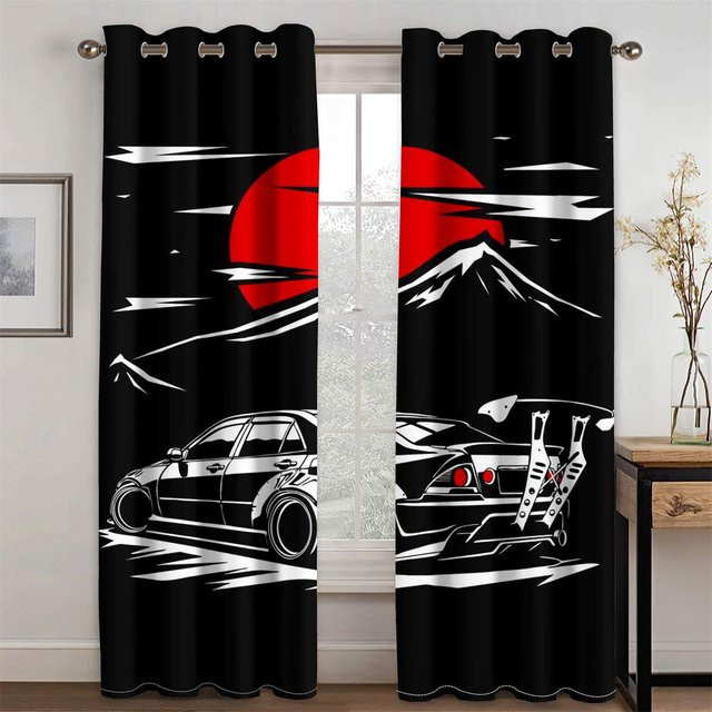 2er-Set Lichtfilter Vorhang mit Comic Graffiti Rennwagen Design für Kinder und Männer, Mehrfarbig, Breite: 75 cm, Höhe: 166 cm - Bild 1