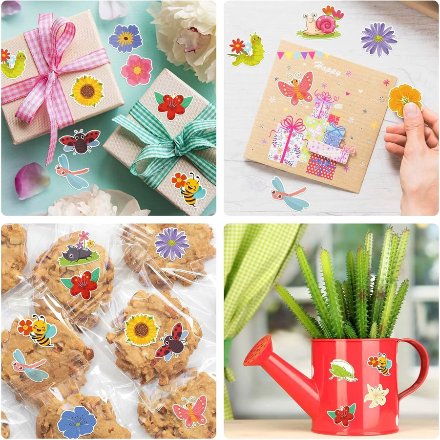 TYFYO 500 Stück Schmetterlings- und Blumen-Aufkleberrollen in 16 Designs, bunte Blüten-, Insekten- und Pflanzendekorationen in Multicolor - Bild 2