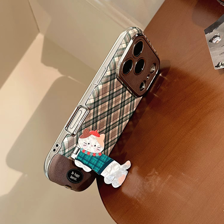 Handyhülle aus Kunstleder mit grünem Gittermuster und süßem Katzenmotiv für iPhone 17 16 15 14 13 12 Pro Max Plus inklusive Halterung - Bild 4