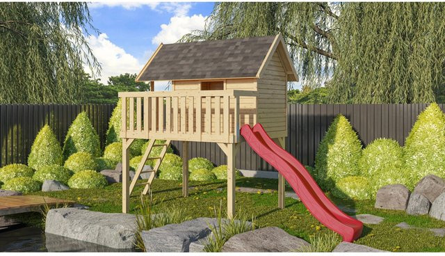 Karibu Stelzenhaus Fidel Set Natur mit Wellenrutsche in Rot, Spielturm B/H/T: 198 x 329,5 x 243 cm, Natur-Braun - Bild 1