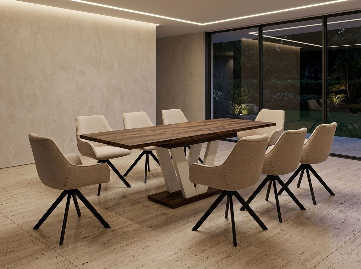 Endo-Moebel Essgruppe Lara White ausziehbar 130-210 cm in Eiche Stirling mit 8 Stühlen in Leinen-Beige für 6-8 Personen - Bild 1