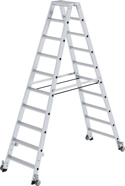 PROREGAL Stufen-Stehleiter beidseitig begehbar mit Rollen in Silber, 2 x 10 Stufen - Bild 1