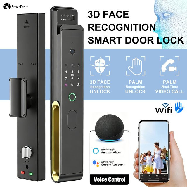 Smardeer Intelligentes Türschloss in Schwarz mit Sprachsteuerung, Alexa & Google Kompatibilität, TTLock App, Fernvideoanruf und Fingerabdruck-Sensor ohne Gateway - Bild 1