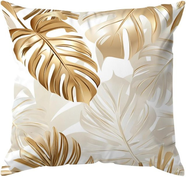 Delampa Kissenbezug mit goldenem Blättermuster aus Polyester, Farbe: Gold und Weiß, B/T/H: 45 x 45 x 45 cm - Bild 1